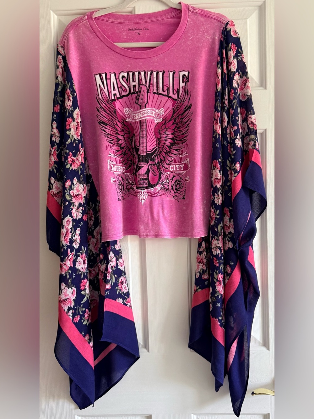 NASHVILLE Custom Upcycled Pink Graphic Tee Poncho Kimono Sleeve OSFM OOAK BOHO